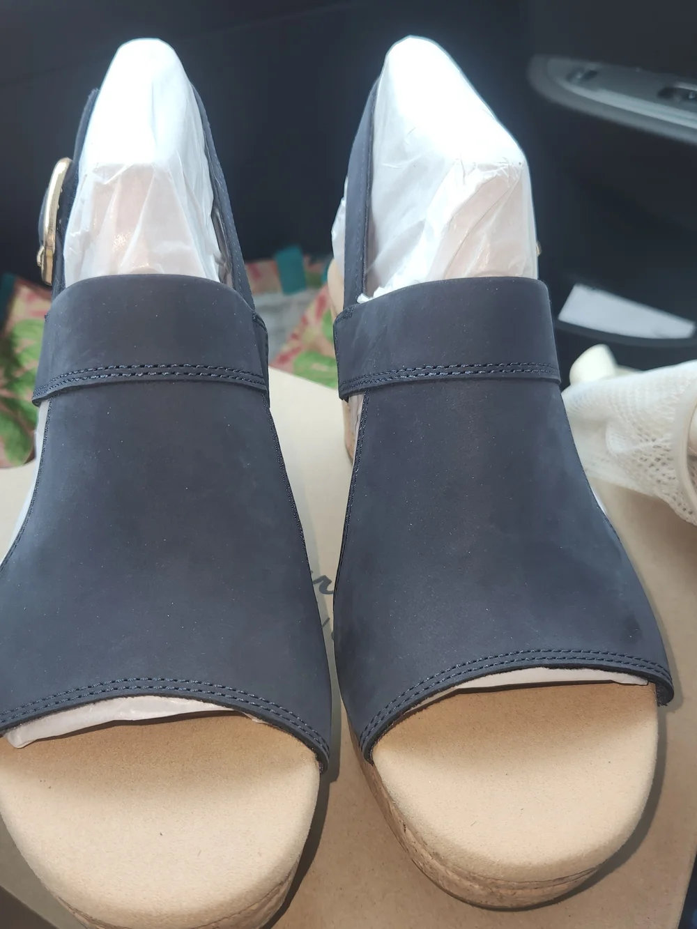 Clarks Open-Toe Navy Wedge 10 Wide Width Bnib